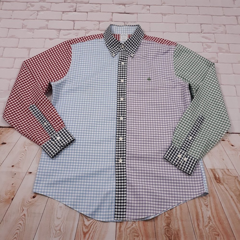 Brooks Brothers Button Up Patchwork Multicolor Shirt Mens L Non-Iron Sheep Logo